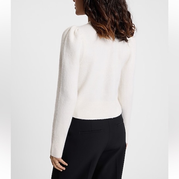 [⭐️ PRICE FIRM] EXPRESS Bow V-Neck Puff Shoulder Cardigan Sweater Ivory White L - Picture 5 of 12